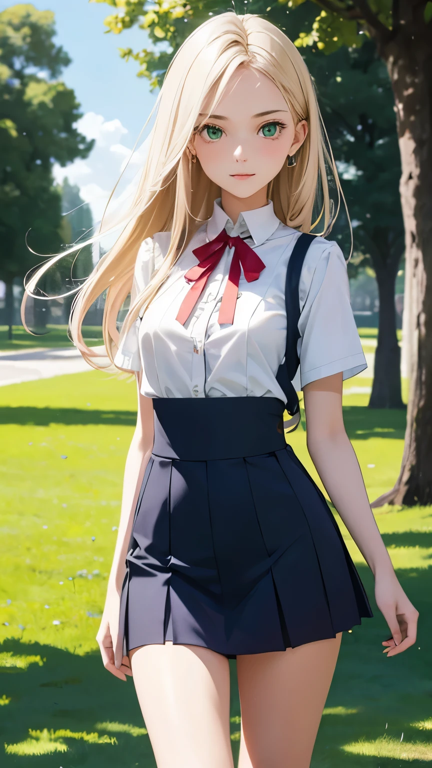 best quality, super fine, 16k, incredibly absurdres, extremely detailed, delicate and dynamic, cute 18-year-old female student, with slightly absent-minded expression, straight ivory hair, green eyes, tall and slender, wearing ivory summer wool vest, white short-sleeved shirt, navy blue uniform miniskirt, red ribbon around her neck, background park covered in grass, fresh image effects