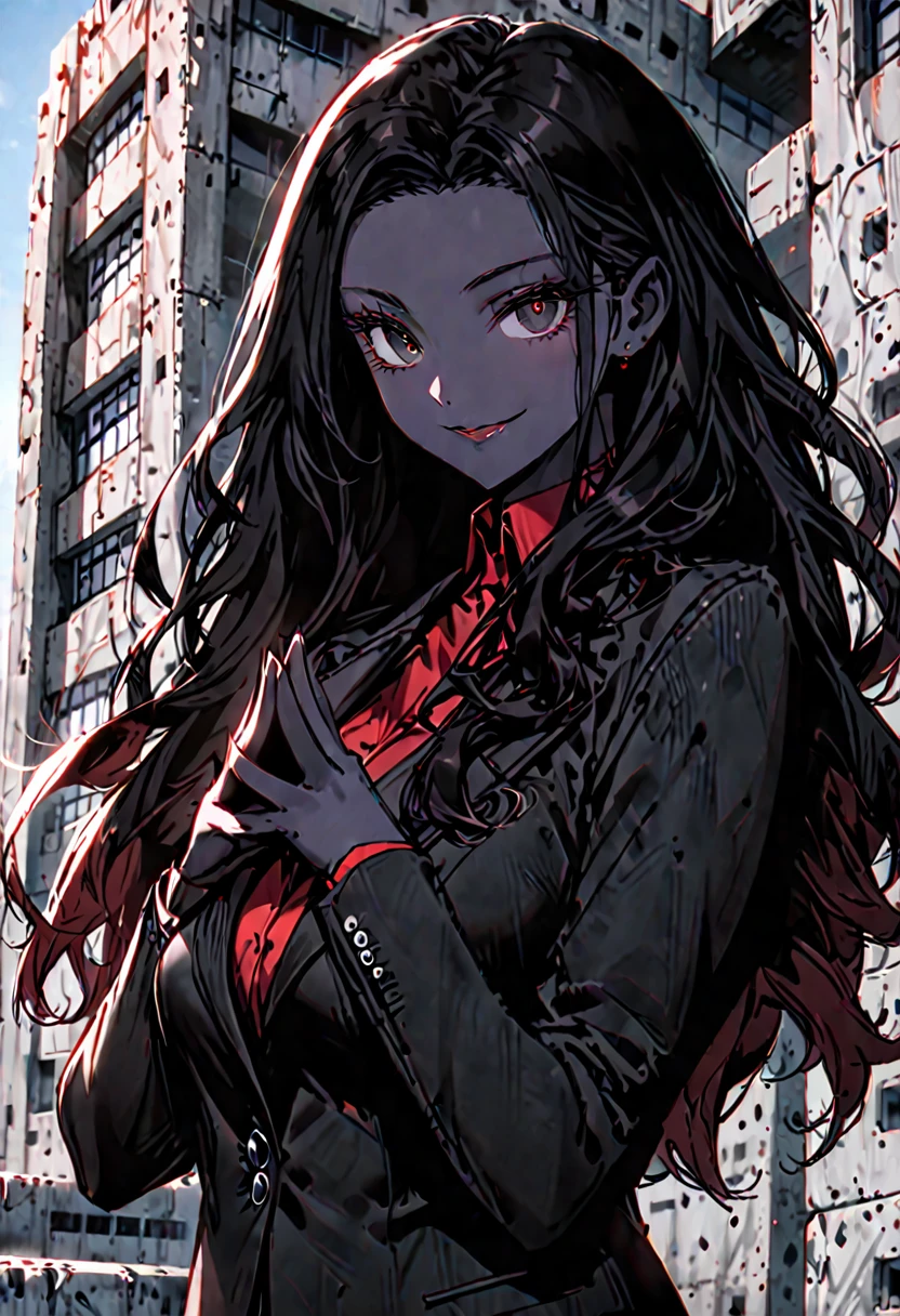 solo, female, sfw, medium shot, tall woman, beaming smile, pitch black skin, large breasts, concrete, brutalist architecture, day, red tress, wavy hair, black hair, long hair, office suit, black eyes, steepled fingers