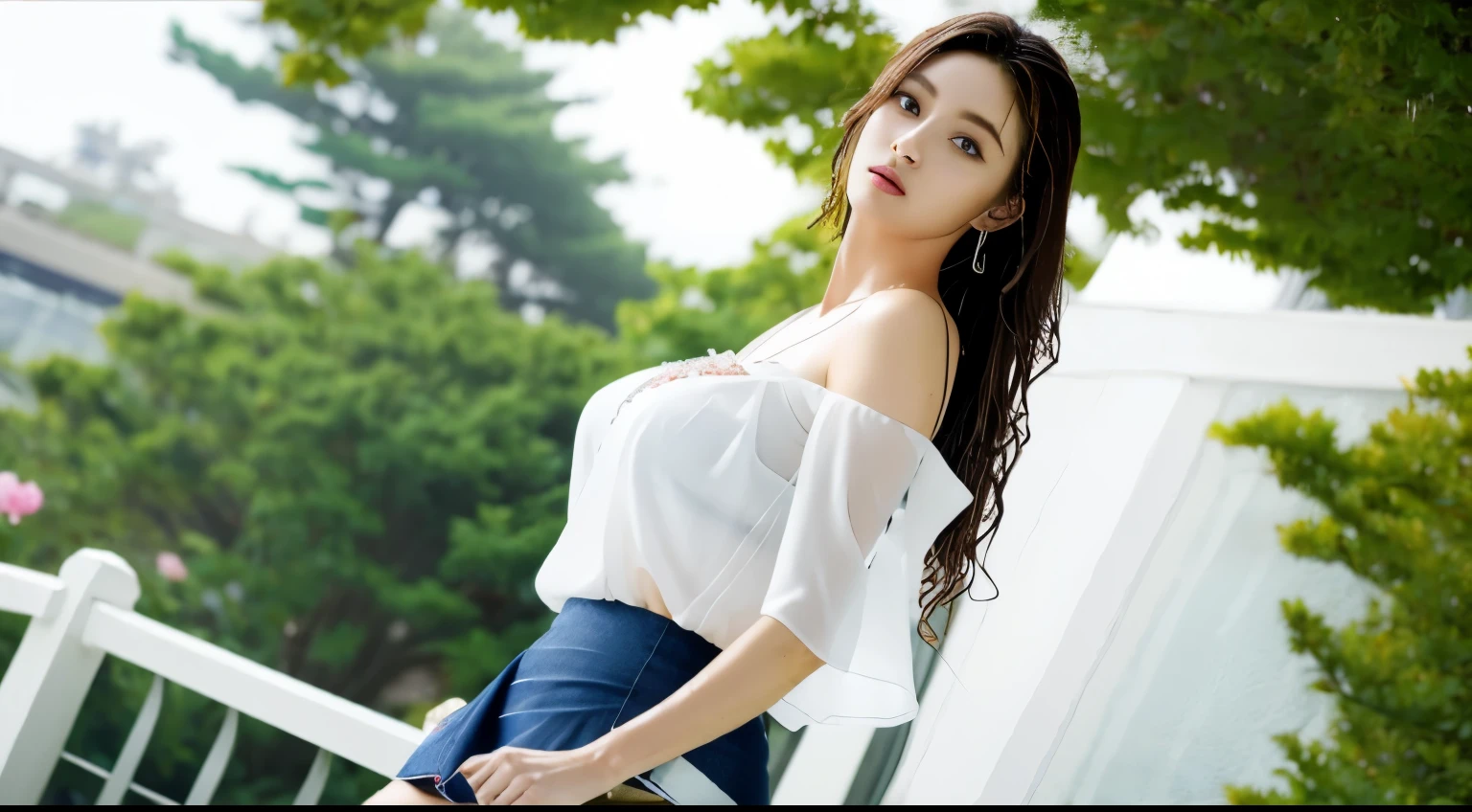 (Masterpiece), Top quality, Very detailed, (Watercolor), Flowers, Delicate and beautiful, Platinum hair, Illustration, (bottom), (1 girl: 1.4), (Solo: 1.2),, (Wet blouse: 1.3), Wet blouse shoulder to shoulder, cured, Bare shoulders, (lower:1.2), Beautiful eyes, (hairy hair), Photos, Over the shoulder photography, Alex Maleyev, Pro, Canon Camera, Nikon Camera, Sharp, Bokeh, Studio Quality, Fisheye, Robert Capa, Photorealistic, Ultra High Resolution, Complex, Ultra Detailed, (Skindentation), Cute, Female, Detailed Body, (Detailed Face: 1.1), (Contoured Iris), (Hydro Color Lens), (Perfect Eyes), 4K, Gorgeous, (Masterpiece: 1.2), (Best Quality: 1.2), Some beautiful women, (big breasts: 1.2) and (big breasts: 1.2), dresses, seductive poses, extreme hourglass figures, clubs, dances, ((miniskirts: 1.4))