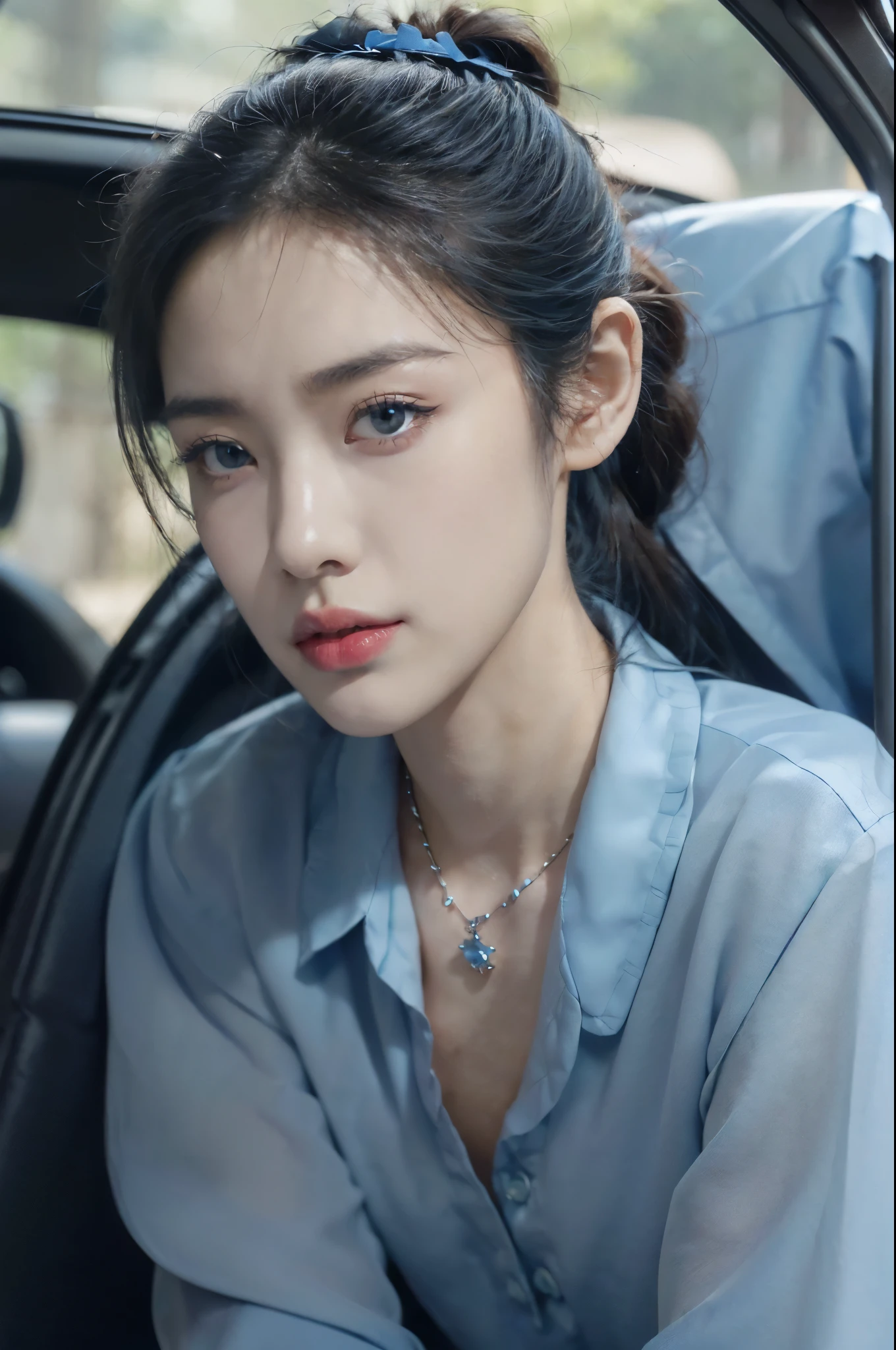 ((((8k))),((Extremely meticulous CG)) ,(wallpaper),16k,((Extremely refined and beautiful)),(((Masterpiece))),(((best qualtiy))),(((Ultra High Resolution))),beautiful light up,Perfect lightning,realistic shaded,((high resolution)),(Smooth and flawless skin:1.5),(Extremely exquisite facial details:1.2),(perfect body:1.2),(ultra-detailed),((A beautiful girl,solo)),(small head:1.2),(pale skin:1.3),(short ponytail:1.2),(small face:1.2),(baby face:1.3),(Exquisite makeup:1.2),(flat chest:1.2),((slim,thin)),(frown:1.5),((discomfort,disgust)),(necklace:1.2),(blue collared shirt:1.5),(day scene:1.3),(morning:1.3),(In a car:1.2),(detailed interior environment:1.5),(Close-Up of Face:1.3),(from front:1.3),