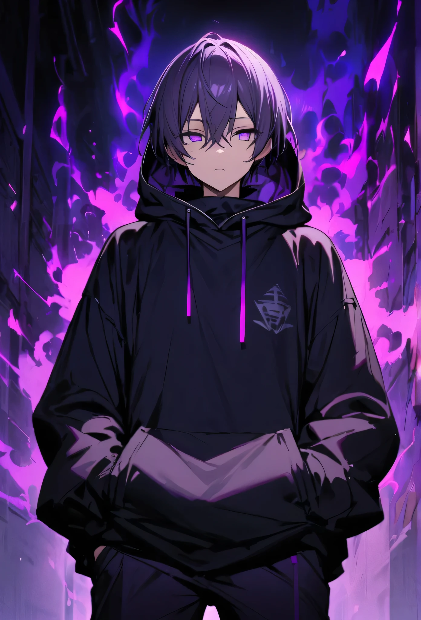 masterpiece、One boy、Enveloped in black darkness、Luminous purple eyes、Purple aura coming from eyes、Black hoodie、Put your hands in your pockets、