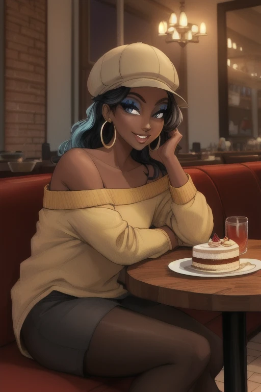 masterpiece, best quality, (Detailed face:1.2), (Detailed eyes:1.2), solo, 1girl, nessacasual, dark skin, makeup, smile, looking at viewer, red cabbie hat, tan shirt, off shoulder, black short skirt, pantyhose, hoop earrings, black high-heels, indoors, cafe, table, cake