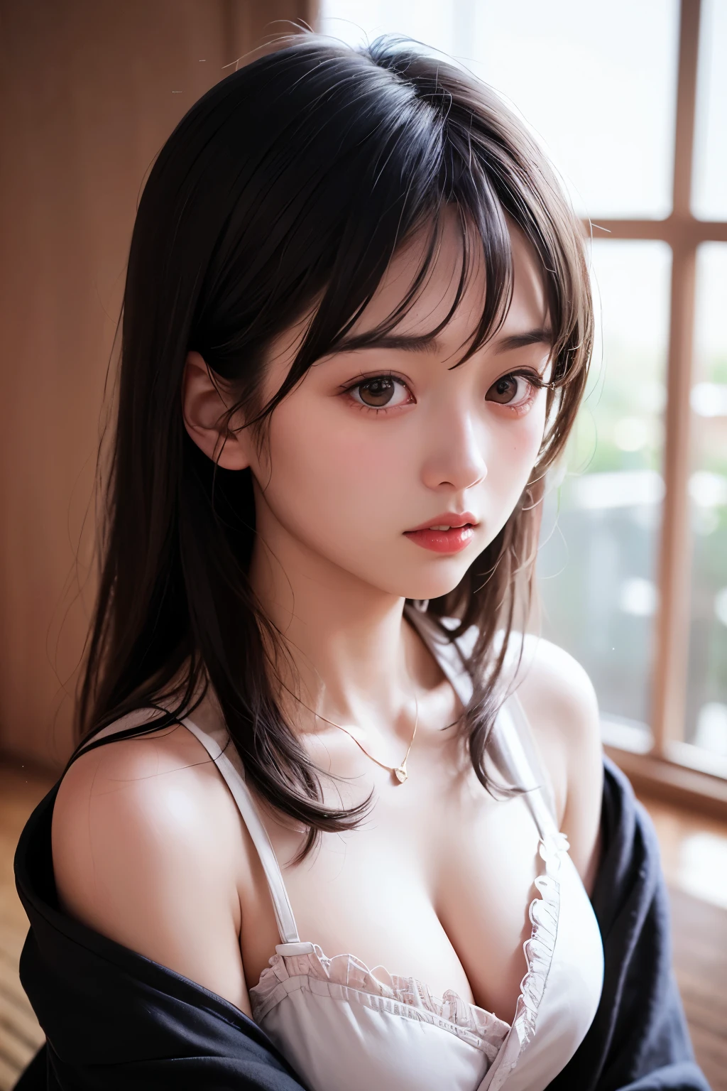 (1 nogizaka girl,raw photo,photo realistic:1.5),(best quality, high quality,HDR, highest quality,ultra high resolution,high resolution,high res,ultra high difinition,huge file size,8K,2K wallpaper,8K wallpaper,high quality texture,amazing,an extremely delicate:1.4),one girl, Japanese famous idol,beautiful face,small face,absurd,ridiculous,incredibly ridiculous,blurry background,(cleavage,no makeup:1.2),medium skin,beautiful skin,detailed skin,black hair,silky hair,(Japanese eyes:1.3),detailed eyes,black eyes,Japanese idol eyes,triangle eyes,Japanese nose,5-fingers,(Light Particles, Lens Flare, Luminous Particles: 0.7),looking at viewer,bright lighting,professional lighting,girl