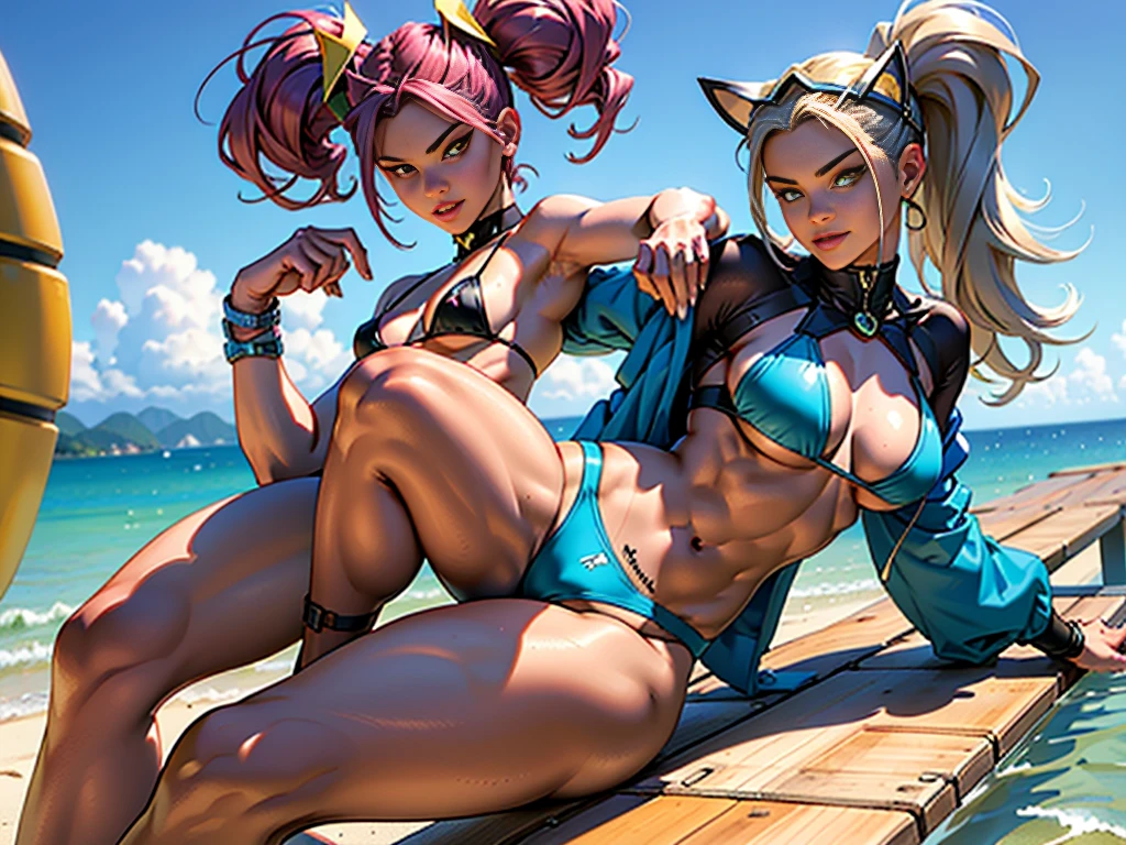 (alta qualidade, better rendering),Mulher-Gato da DC Comics, , psicopata, Cara de maluco, Pose sexy, 2 piece outfit, sem topo, pastel, centrado, scale to adjust dimensions, Miniature tweezers, tiny micro bikini, dedo de camelo