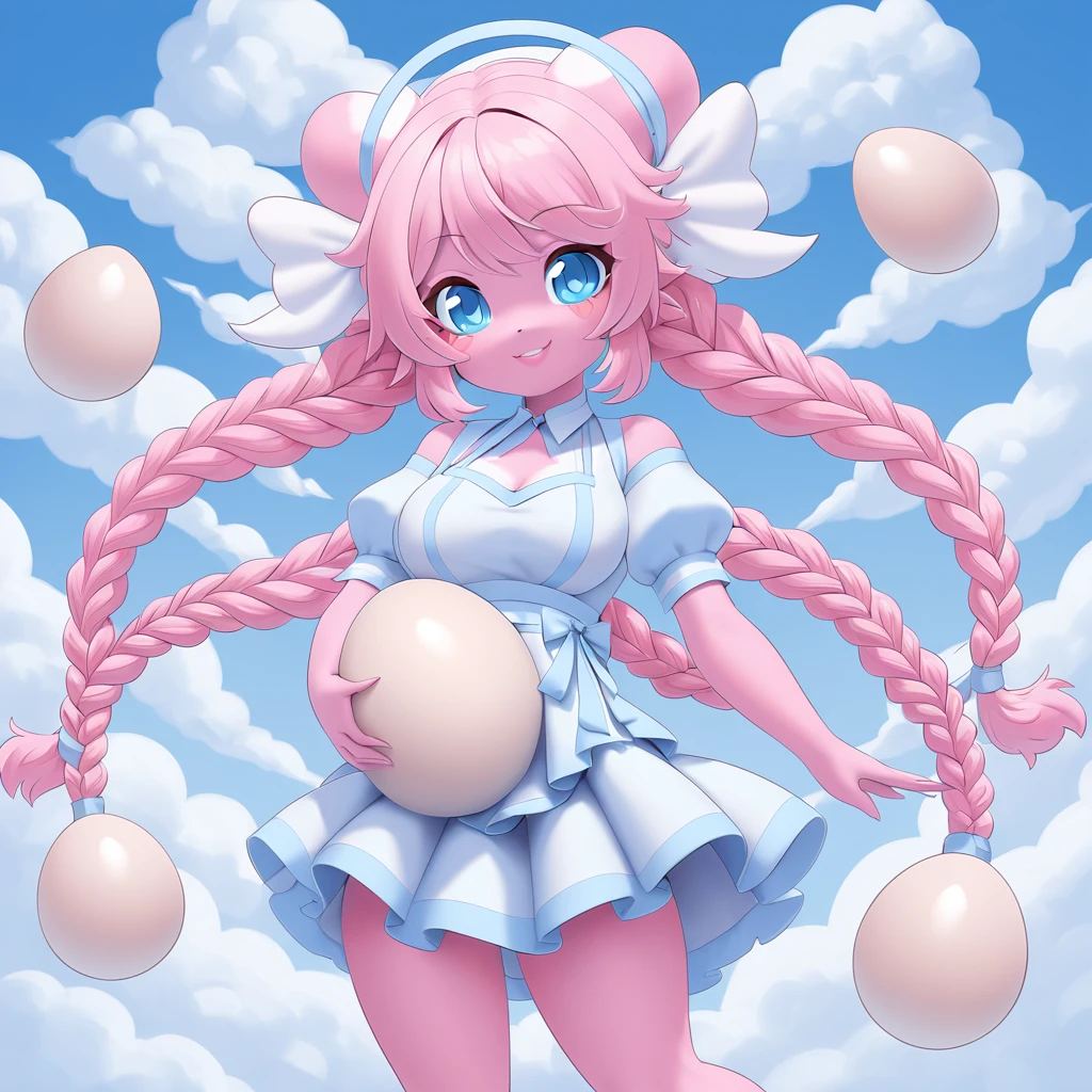 Angel monster girl pink fur and darker pink multi braids blue eyes wearing a nursing outfit and holding a large egg background cloudy sky
