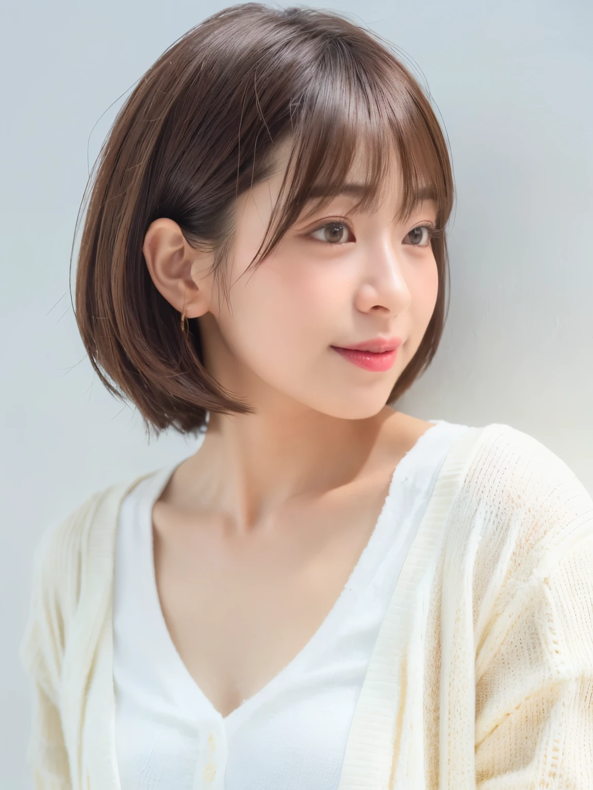 Stylish spring clothes、Fluffy hair、smile、(背景にWhite wall、Light yellow cardigan:1.4)、White wall、In front of the white door、Mr..々Pause、(窓のあるWhite wallの部屋)、((highest quality、8k、masterpiece:1.3))、Ultra-high resolution、(photoGenuineistic:1.4)、RAW Photos、Japanese,(detailed aspects)、Genuine、Photographed in natural light、Highly detailed face and skin texture、Highly detailed lips、The correct state of the human body、short hair、Brown Hair、さまざまPause、short hair、Shortcuts、Natural color lip、Pixie Cut、非常にshort hair、profile、Look to the side