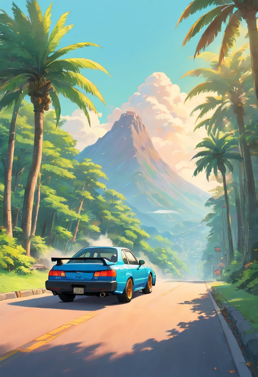 sticker design, subaru classic car, morning background, smoke in the tires, palm trees, 5 layers colors, drifting in mountain road, smoke from tyres