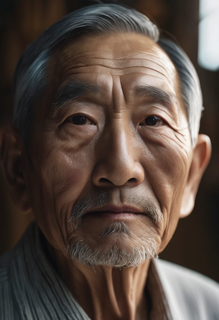 Close-up portrait of an elderly Asian man、Highly detailed wrinkled face、Long, bushy eyebrows、Unshaven beard、Toothless Mouth、Calm colors、Strong chiaroscuro lighting、Cinematic composition、masterpiece、(highest quality、4k、8k、High resolution、masterpiece:1.2)、Super detailed、(Real、Photorealistic、Photorealistic:1.37)
