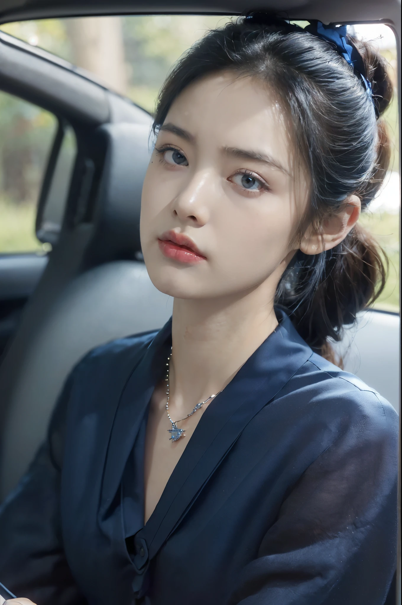 ((((8k))),((Extremely meticulous CG)) ,(wallpaper),16k,((Extremely refined and beautiful)),(((Masterpiece))),(((best qualtiy))),(((Ultra High Resolution))),beautiful light up,Perfect lightning,realistic shaded,((high resolution)),(Smooth and flawless skin:1.5),(Extremely exquisite facial details:1.2),(perfect body:1.2),(ultra-detailed),((A beautiful girl,solo)),(small head:1.2),(pale skin:1.3),(short ponytail:1.2),(small face:1.2),(baby face:1.3),(Exquisite makeup:1.2),(flat chest:1.2),((slim,thin)),(frown:1.5),((discomfort,disgust)),(necklace:1.2),(blue collared shirt:1.5),(day scene:1.3),(morning:1.3),(In a car:1.2),(detailed interior environment:1.5),(Close-Up of Face:1.3),(from front:1.3),
