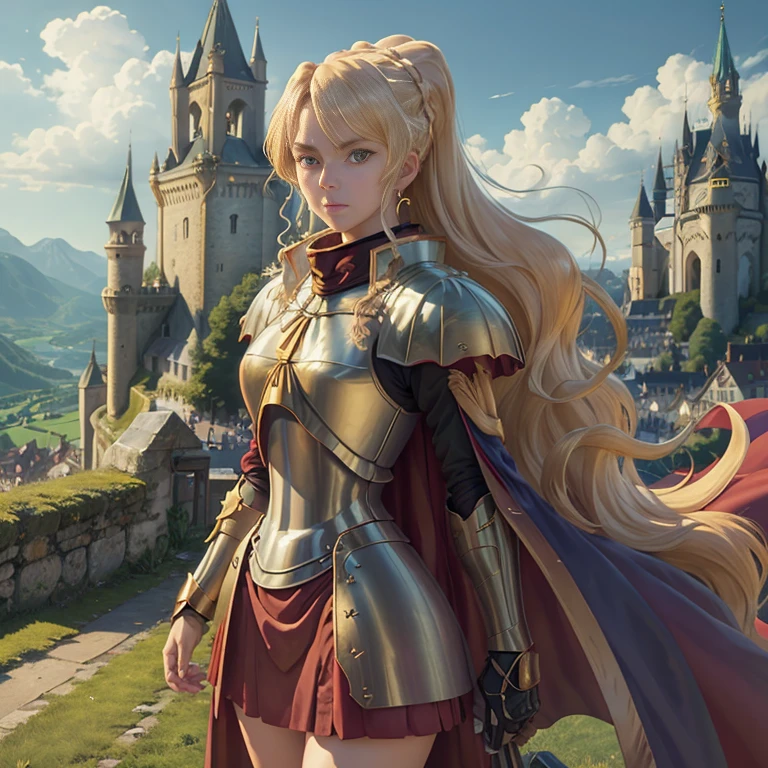 masterpiece, best quality, 1girl, alicetaria, blonde hair, long hair, ponytail, green eyes, armor, cape, solo, medieval castle, switzerland mountains background