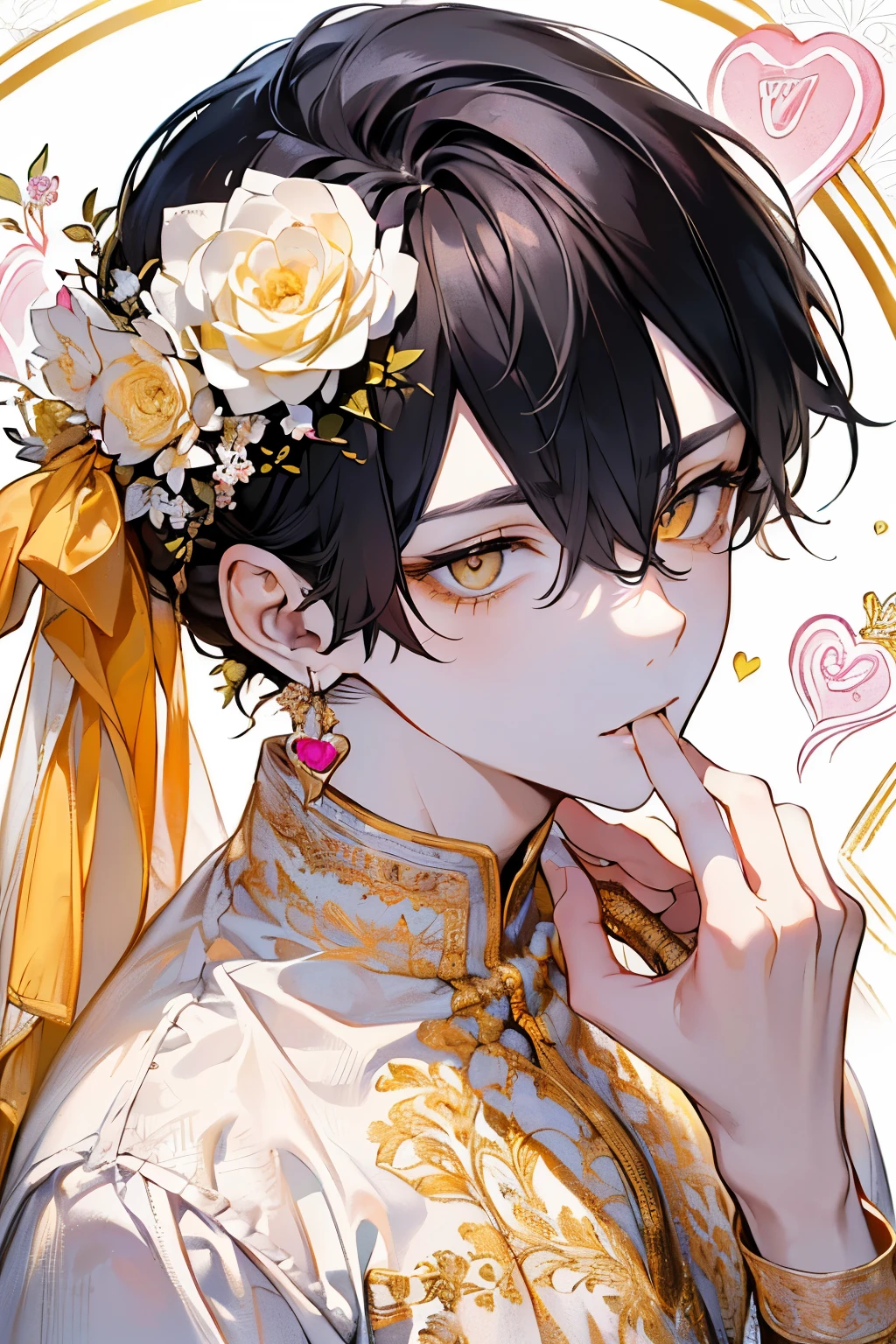 ((17years old man:1.3)), masterpiece, best quality, braid hair, black hair, (half up and half down hair:1.1),(portrait),white wedding dress,(pop and cute flower pattern background), (perfect hands),(,yellow,white),looking front,((Large and gorgeous earrings:1.1)),(With eyes closed, waiting for a kiss:1.35),((hand to own mouth:1.2)),((upper body)),((Looking down:1.2)),((heart:1.2))