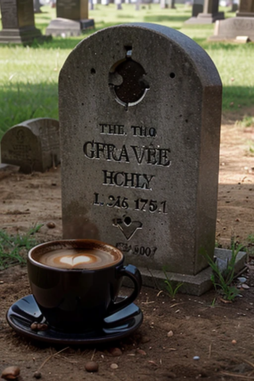 A gravestone in the ground A cup of coffee