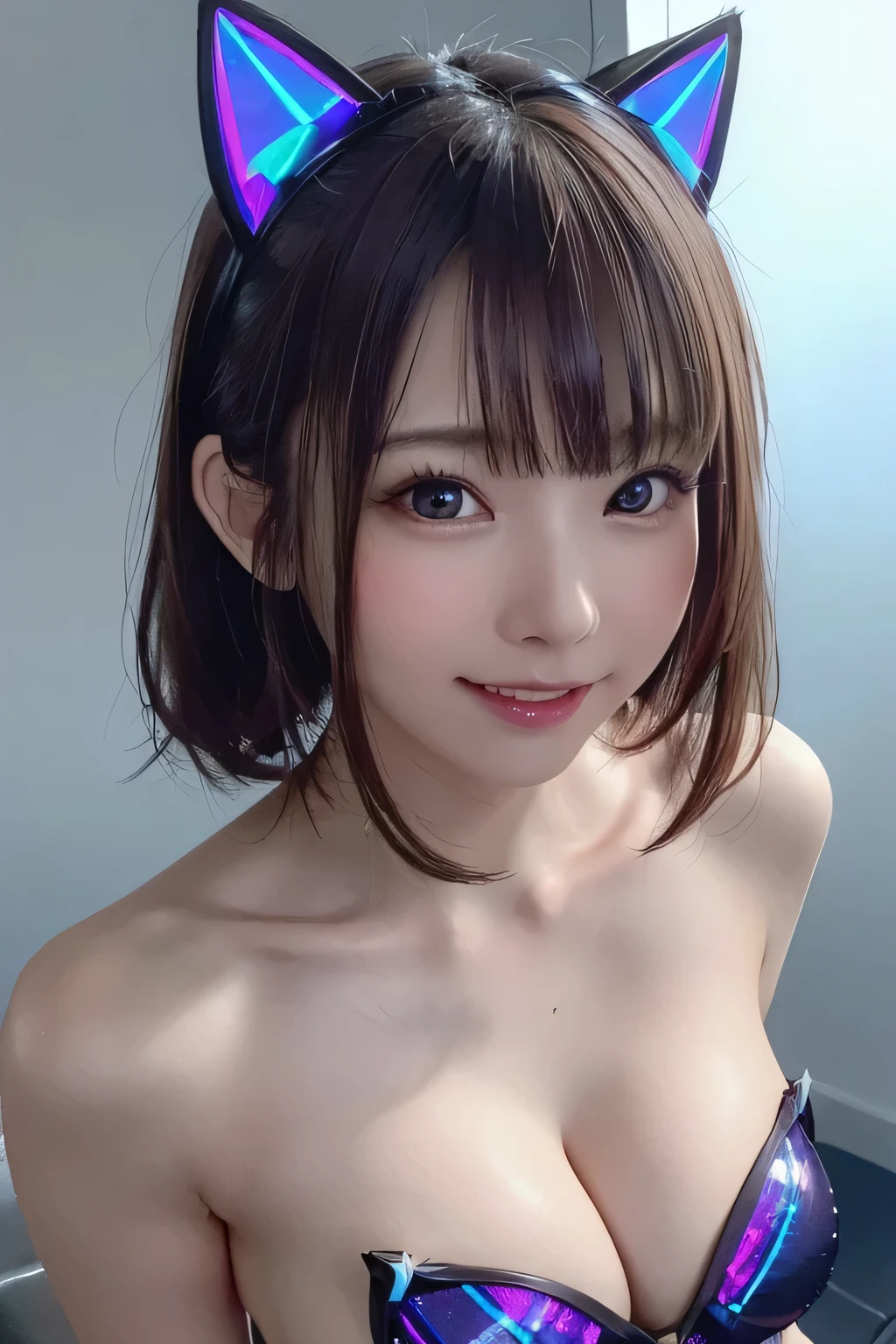 (8K、Highest quality、masterpiece、 Ultra-high resolution)、(Headshot closeup:1.4)、(cleavage)、()、Fantastic dresses、Artistic Background、Bioluminescence、geometry、(Holographic cat ears:1.23)、(Holographic Dress:1.23)、magic circle、Milky Way、 happy smile