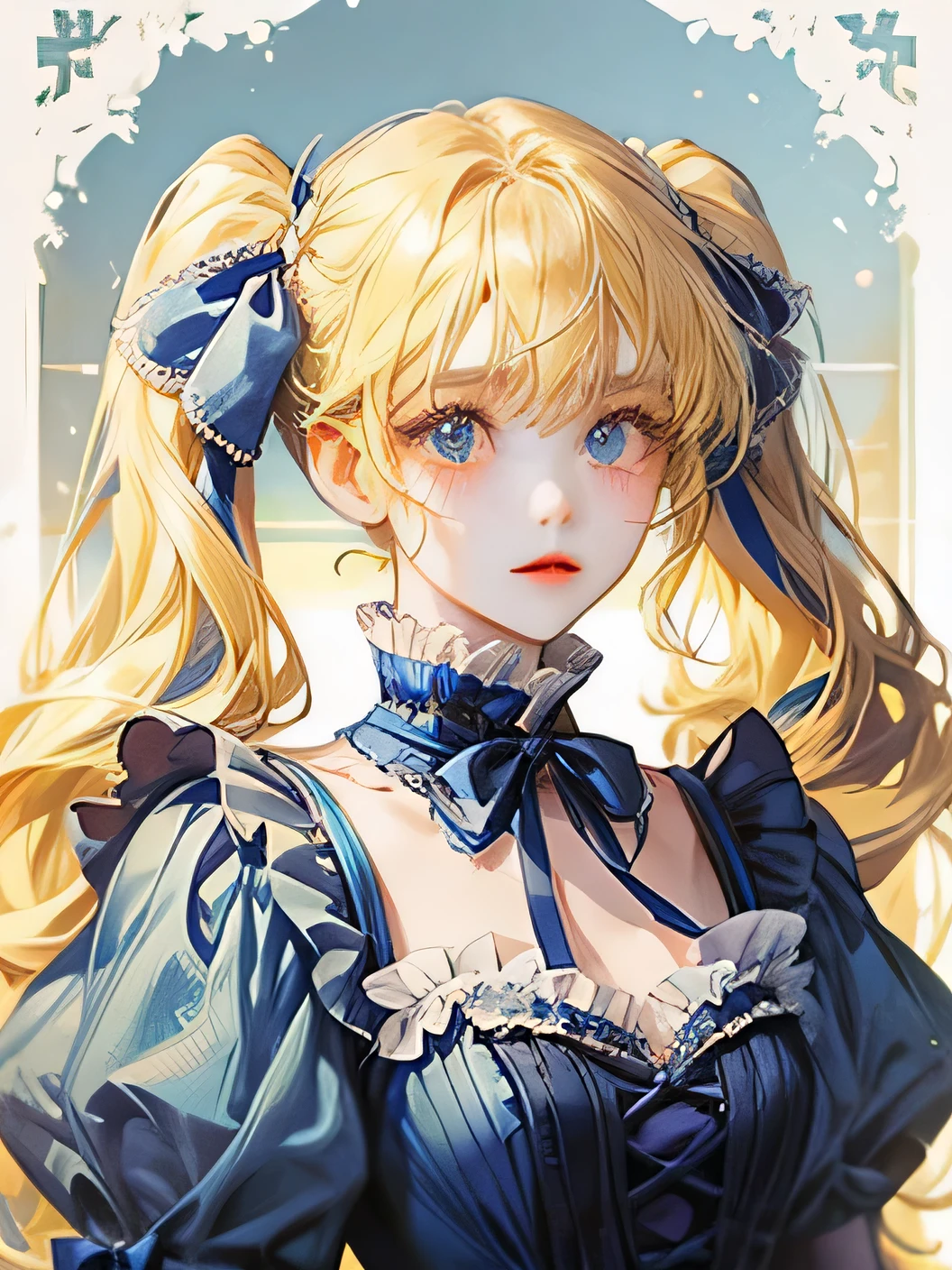 Lolita、Wearing a blue ribbon、Yellow Hair、Fluffy hair、The whole body enters、No background、Twin tails、Blue dress