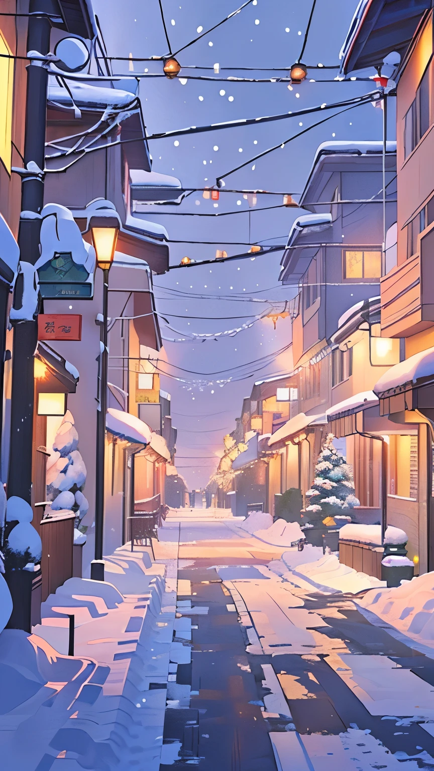snow street scene with street lamps and a person walking down the street, Thick winter aesthetics, snow. author:Shinkai Makoto, Anime Background art, Beautiful anime scene, snow winter, Anime Background, snow night, beautiful Anime Landscape, Winter snow, Winter concept art, Anime Landscape, Shinkai Makoto风格, snow winter christmas night