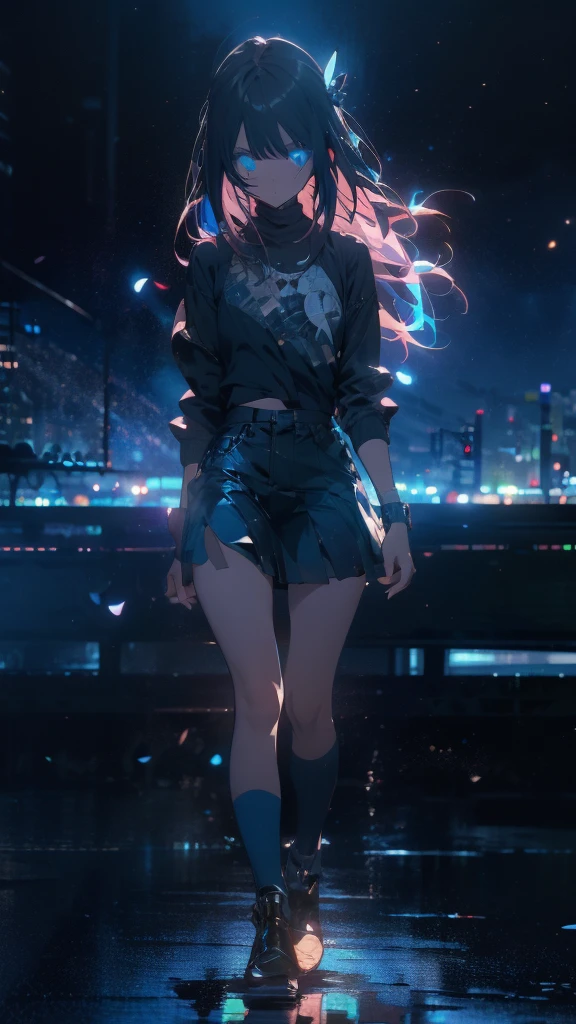 1 anime girl, alone,,Black petals flutter, A mysteriously shining butterfly.city,thin legs,sky,sad expression,very clear,highest quality,city,standing on the street corner,clear blue eyes,close up of face,water,walking morning city