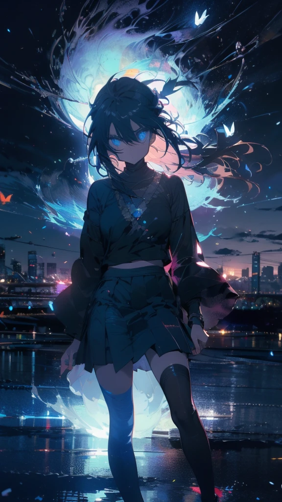 1 anime girl, alone,,Black petals flutter, A mysteriously shining butterfly.city,thin legs,sky,sad expression,very clear,highest quality,city,standing on the street corner,clear blue eyes,close up of face,water,walking morning city