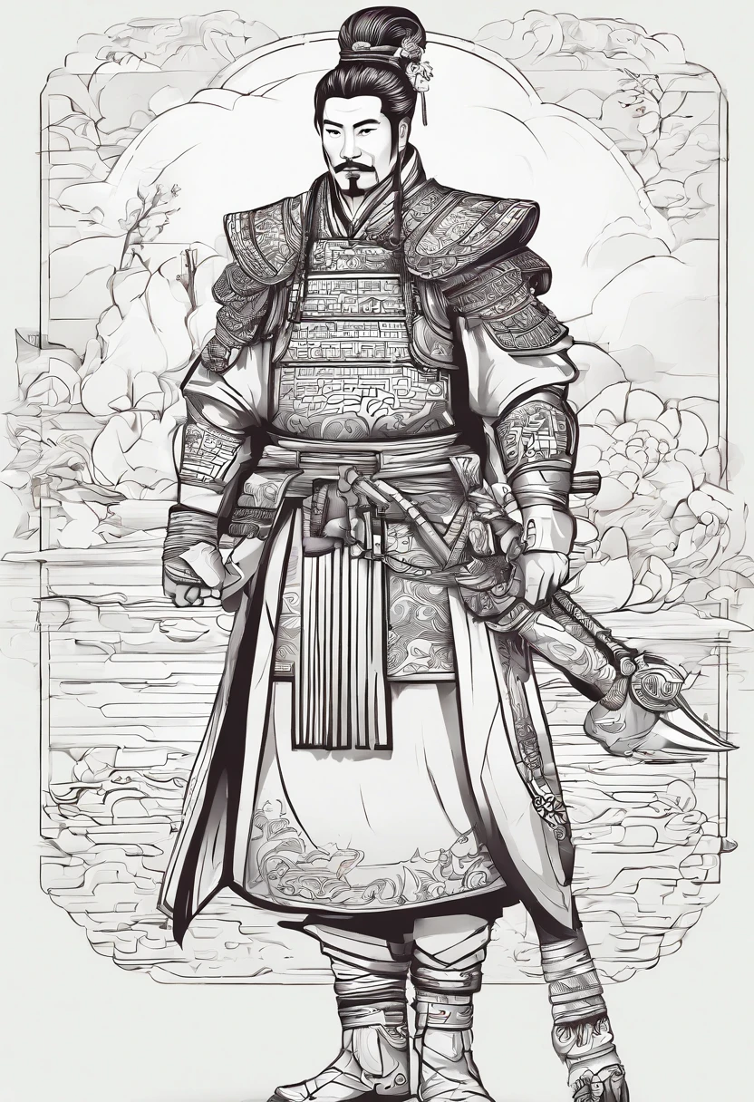 Ancient Chinese man in armor、Clever man、Looking into the camera、His hair is in a bun、Only one topknot、Black Hair、Stand and pose、Pixel art、(masterpiece, highest quality, highest quality), pixel,pixel art,whole body,Characters in Romance of the Three Kingdoms、Transform、Short Deformation、The head is decorated with white embroidery...、Handsome man in trousers