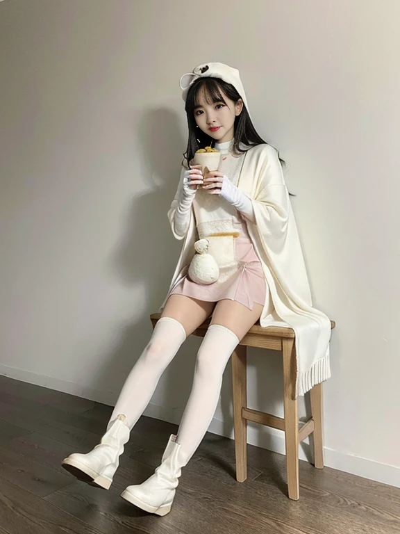 Wearing a pearl milk tea color tights with a pearl milk tea color cloak, wearing milk tea color long gloves on both hands, and wearing pearl milk tea color knee-length boots on both feet.