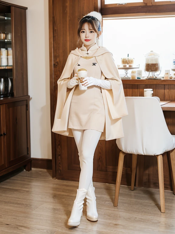 Wearing a pearl milk tea color tights with a pearl milk tea color cloak, wearing milk tea color long gloves on both hands, and wearing pearl milk tea color knee-length boots on both feet.