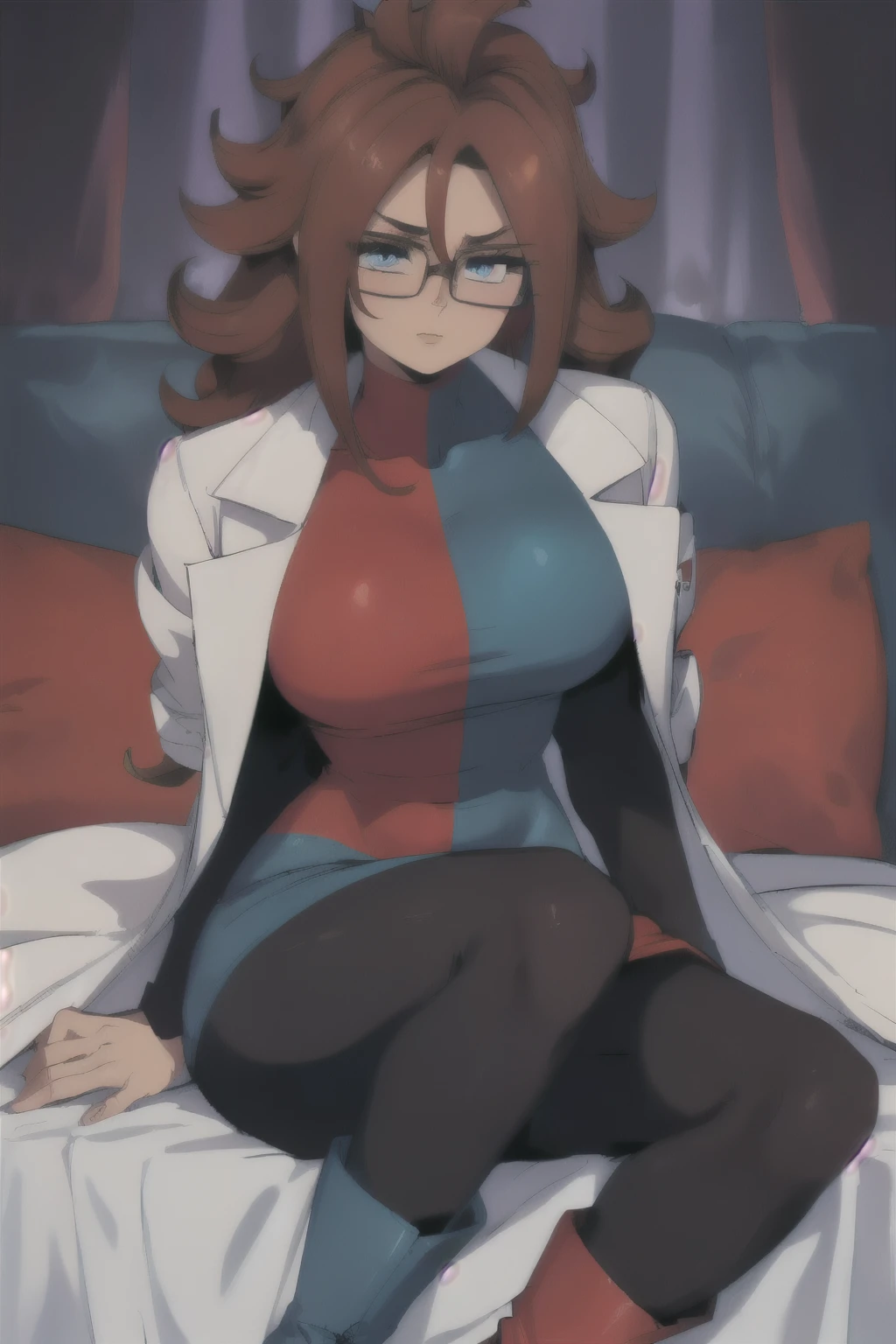 (defa21, glasses, checkered dress, labcoat, black pantyhose, asymmetrical boots,blue eyes, by the chestnut, vestido a cuadros, calentadores de brazos, pantimedias negras, Asymmetrical boots,(pecho enorme,pechos grandes:1.1)