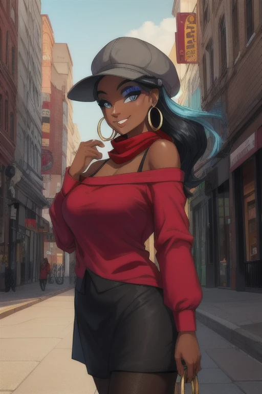 masterpiece, best quality, (Detailed face:1.2), (Detailed eyes:1.2), solo, 1girl, nessacasual, dark skin, makeup, smile, grey cabbie hat, red shirt, off shoulder, collarbone exposed, cleavage, red scarf, black short skirt, pantyhose, hoop earrings, black high-heels, hoop earrings, outdoors, city street
