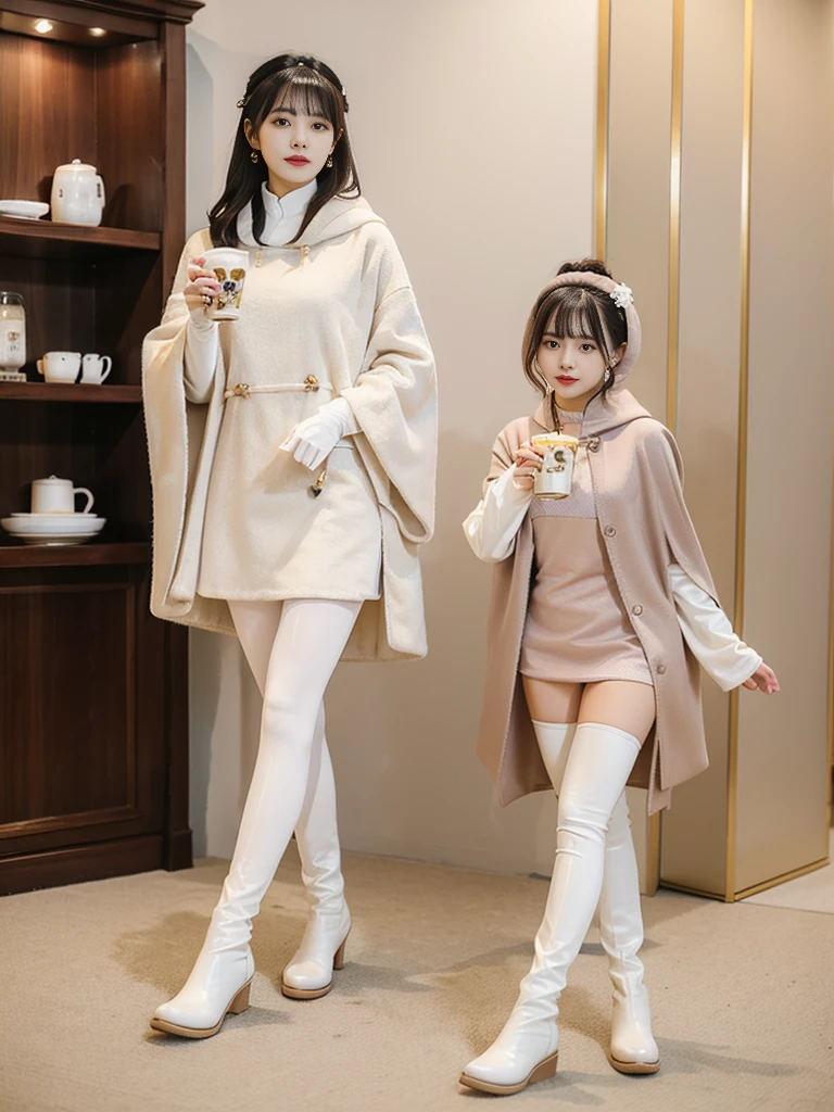 Wearing a pearl milk tea color tights with a pearl milk tea color cloak, wearing milk tea color long gloves on both hands, and wearing pearl milk tea color knee-length boots on both feet.