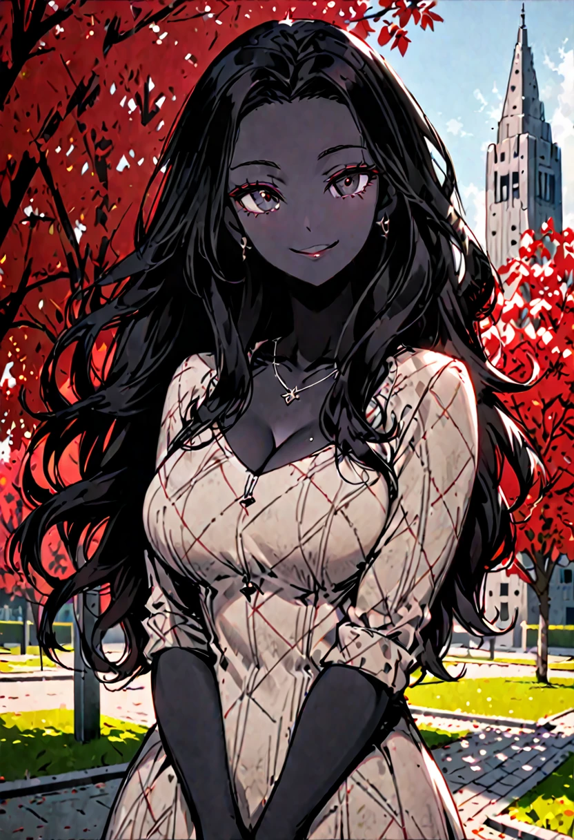 solo, female, sfw, medium shot, tall woman, happy smile, pitch black skin, large breasts, park, brutalist architecture:0.5, day, red trees, wavy hair, black hair, long hair, casual dress, black eyes, steepled fingers, cleavage