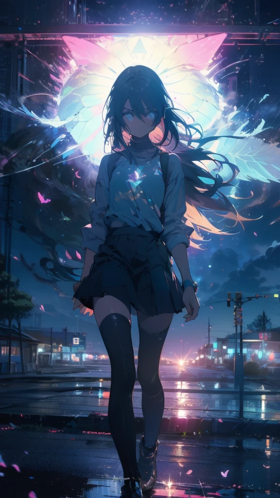 1 anime girl, alone,A mysteriously shining butterfly.city,thin legs,sky,sad expression,very clear,highest quality,city,standing on the street corner,close up of face,water,walking morning city