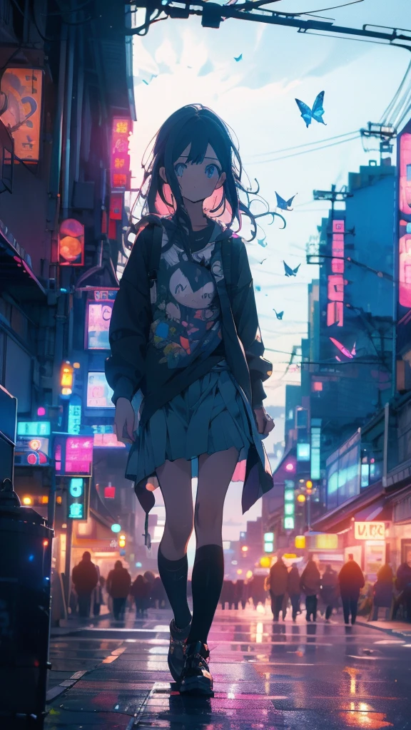 1 anime girl, alone,A mysteriously shining butterfly.city,thin legs,sky,sad expression,very clear,highest quality,city,standing on the street corner,close up of face,water,walking morning city
