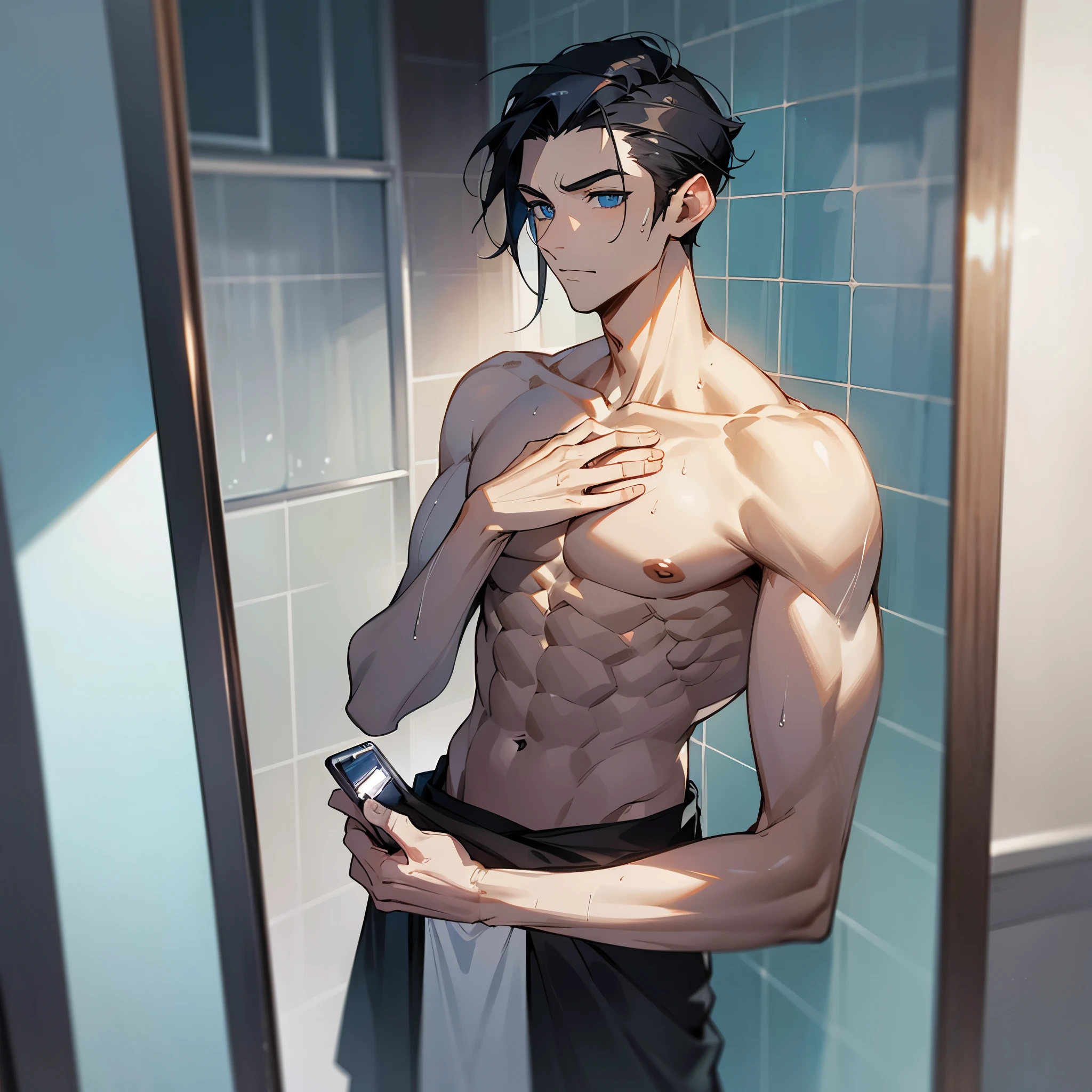 A Man taking a photo with his phone in the mirror whit black hair long up to the chest or shoulders with volume Blue eyes Male features showing the abdomen after getting out of the shower, his abdomen is wet, he has a towel at the waist Background: a bathroom