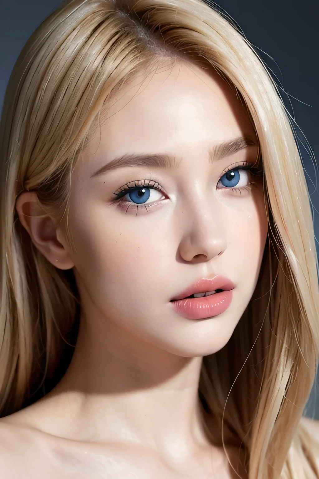 ((Close-up of face)),Blonde woman with heavy makeup posing for photo, Beautiful lips, focus on pursed lips, pale Thin lips, Large lips and kind blue eyes, Delicate pale pink lips, Thin lips, Perfect lips, Eyes and lips, Beauty Retouching, Open your mouth, big Eyes and lips, Coral lipstick, Full lips, Thin light pink lips