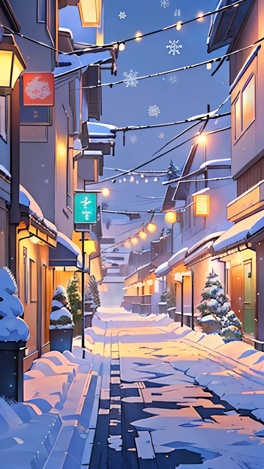 snow street scene with street lamps and a person walking down the street, Thick winter aesthetics, snow. author：Shinkai Makoto, Anime Background art, Beautiful anime scene, snow winter, Anime Background, snow night, beautiful Anime Landscape, Winter snow, Winter concept art, Anime Landscape, Shinkai Makoto风格, snow winter christmas night