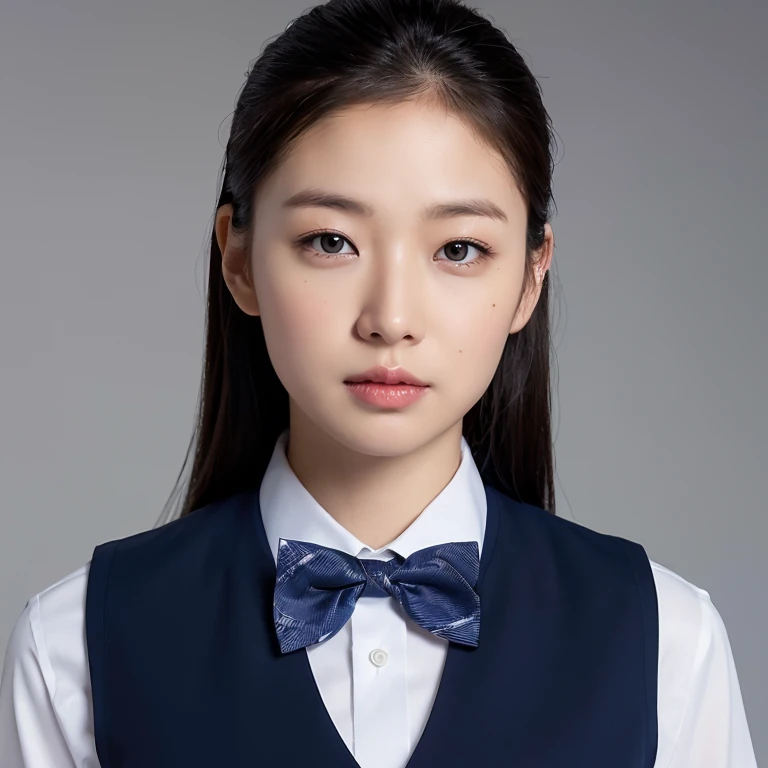 RAW Photos:1.2, (Realistic:1.4),Beautiful detailed woman,非常にfine grainと顔, fine grain, Very detailed,High resolution, Very detailed,highest quality、(Woman in uniform), ((Portraiture:1.5)),  Elegant navy blue vest, bow tie, White shirt, Touch your chest, Serious expression