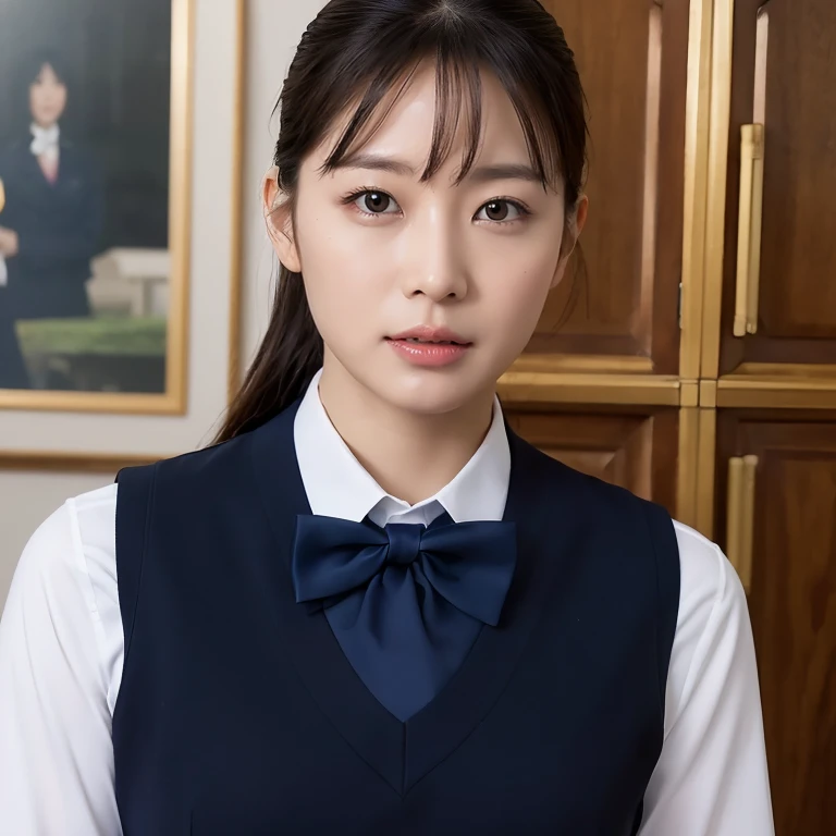 RAW Photos:1.2, (Realistic:1.4),Beautiful detailed woman,非常にfine grainと顔, fine grain, Very detailed,High resolution, Very detailed,highest quality、(Woman in uniform), ((Portraiture:1.5)),  Elegant navy blue vest, bow tie, White shirt, Touch your chest, Serious expression