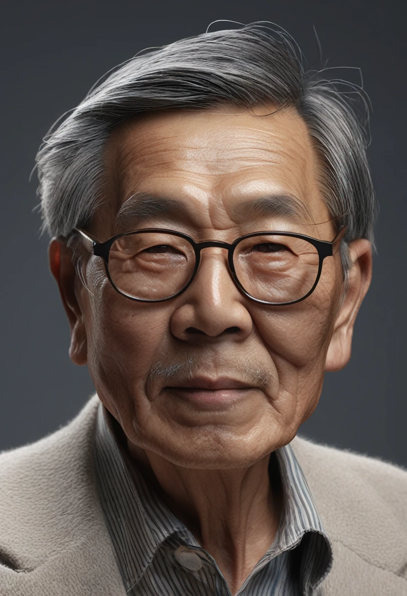Close-up portrait of an elderly Asian man、Highly detailed wrinkled face:1.6、Long, bushy eyebrows、Unshaven beard、Toothless Mouth、Wearing glasses、Calm colors、Strong chiaroscuro lighting、Cinematic composition、masterpiece、(highest quality、4k、8k、High resolution、masterpiece:1.2)、Super detailed、(Real、Photorealistic、Photorealistic:1.37)