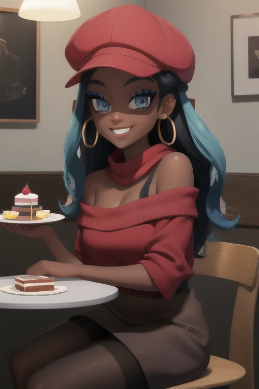 masterpiece, best quality, (Detailed face:1.2), (Detailed eyes:1.2), solo, 1girl, nessacasual, dark skin, makeup, smile, looking at viewer, red cabbie hat, tan shirt, off shoulder, , collarbone exposed, cleavage, red scarf, black short skirt, pantyhose, hoop earrings, black high-heels, indoors, cafe, table, cake