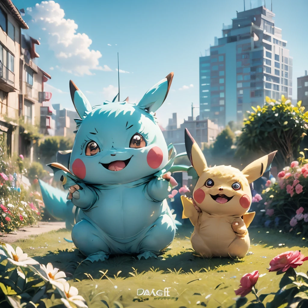 RRRHHH,,（huge Pikachu, Pokemon ,3d）(Forest, city, buildings, Garden, Flowers, blue sky, white clouds, buildings),