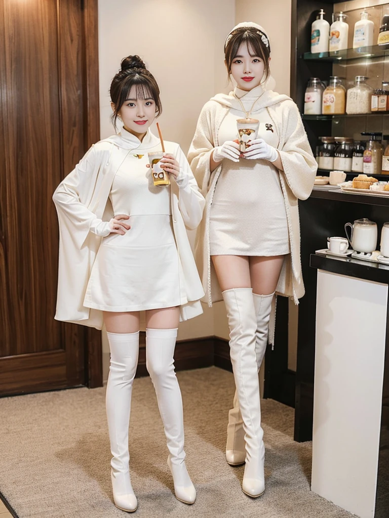 Wearing a pearl milk tea color tights with a pearl milk tea color cloak, wearing milk tea color long gloves on both hands, and wearing pearl milk tea color over-the-knee boots on both feet, the original superheroine mother of pearl milk tea stands and shows a full body photo of GG super power pearl effect