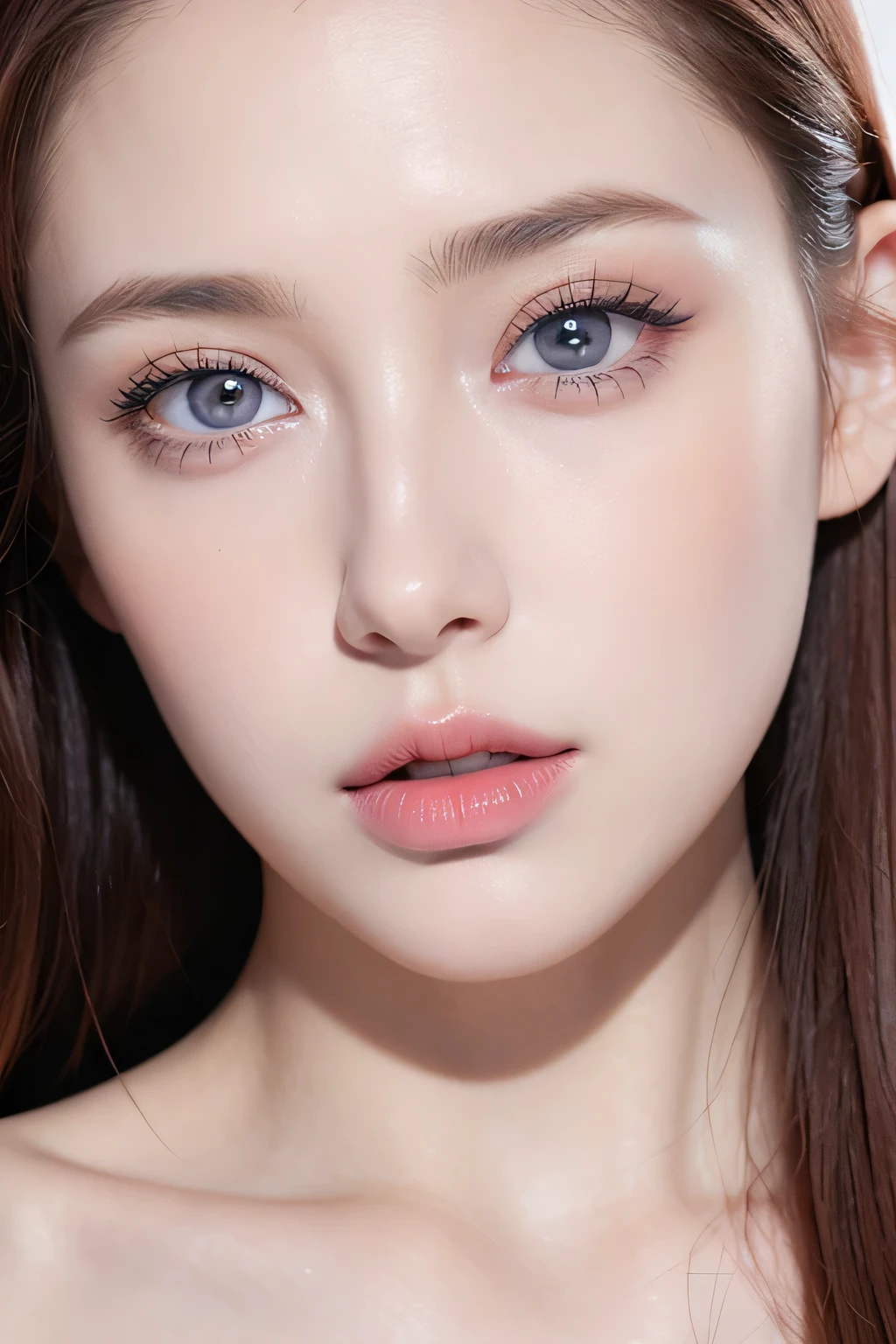 ((Close-up of face)),Woman with heavy makeup taking photo, Beautiful lips, focus on pursed lips, pale Thin lips, Large lips and kind blue eyes, Delicate pale pink lips, Thin lips, Perfect lips, Eyes and lips, Beauty Retouching, Open your mouth, big Eyes and lips, Coral lipstick, Full lips, Thin light pink lips
