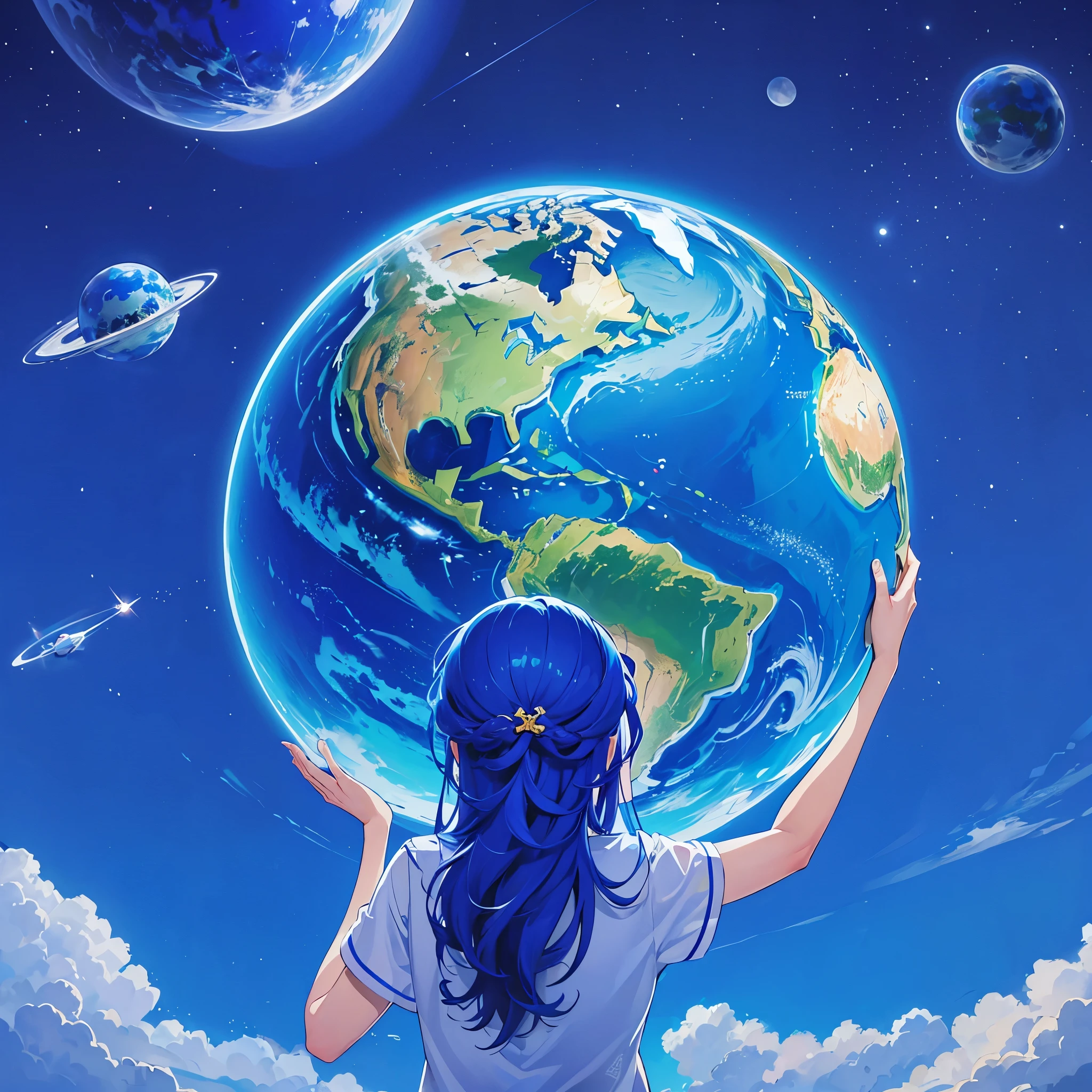 Top quality, masterpiece, 8K, one big blue earth, blue space, one woman holding her hands over the earth, woman turning the earth, long blue hair, woman looking down on the earth, woman much larger than the earth