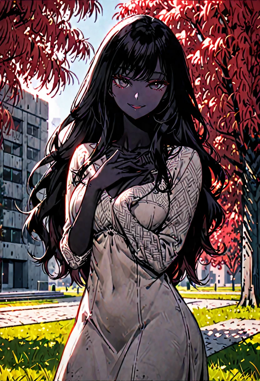 solo, female, sfw, medium shot, tall woman, happy smile, pitch black skin, large , park, brutalist architecture:0.5, day, red trees, wavy hair, black hair, long hair, casual dress, black eyes, steepled fingers, cleavagrass, hands over chest
