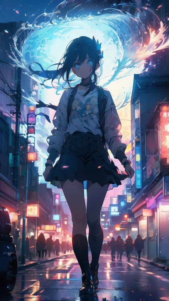 1 anime girl, alone,A mysteriously shining butterfly.city,thin legs,sky,sad expression,very clear,highest quality,city,standing on the street corner,close up of face,water,walking morning city