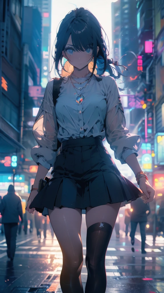 1 anime girl, alone,A mysteriously shining butterfly.city,thin legs,sky,sad expression,very clear,highest quality,city,standing on the street corner,close up of face,water,walking morning city