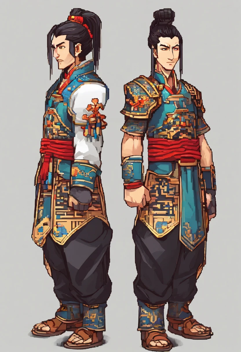 Ancient Chinese man in armor、Clever man、Looking into the camera、His hair is in a bun、Only one topknot、Black Hair、Stand and pose、Pixel art、(masterpiece, highest quality, highest quality), pixel,pixel art,whole body,Characters in Romance of the Three Kingdoms、Transform、Short Deformation、The head is decorated with white embroidery...、Handsome man in trousers