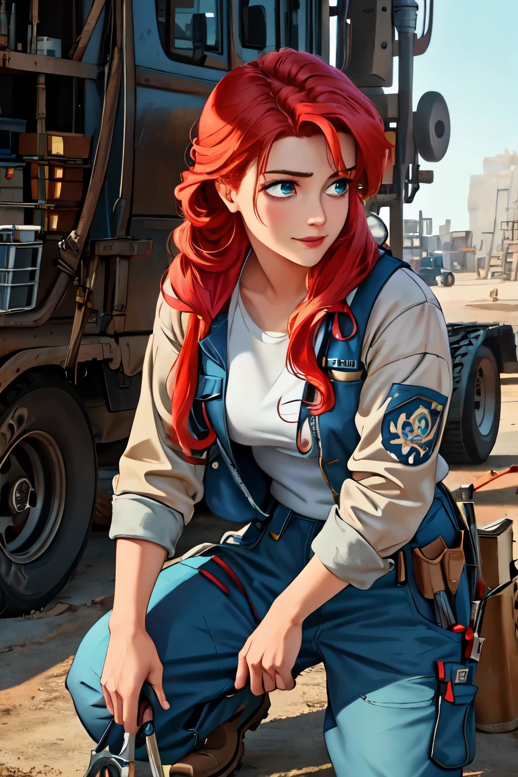 (masterpiece:1.2), (best quality), (ultra detailed), (8k, 4k, intricate),(highly detailed:1.2),(detailed face:1.2), (detailed background),(portrait),detailed background of mechanical workshop, rusty broken vehicle in background (dynamic pose:1.2),ariel  1girl, solo, long hair, looking away, eyes gazed downwards, side profile, action pose, candid pose, smile, red hair inspired from ariel of the little mermaid, long sleeves, dress, hair tied up, blue eyes, mechanic, construction worker, contractor 

Ariel protrayed as a mechanic working in a mechanics shop, she is turned away from viewer and is focused on repairing a old rusy vehicle, slightly bent over, oil smeared on her face and clothes, dressed in large baggy coveralls, long sleeves, work gloves, wrenches and tools in pockets, has a bandana on her head, durable work boots, safety goggles, tattoos with ocean motifs on body, curvy, beautiful 