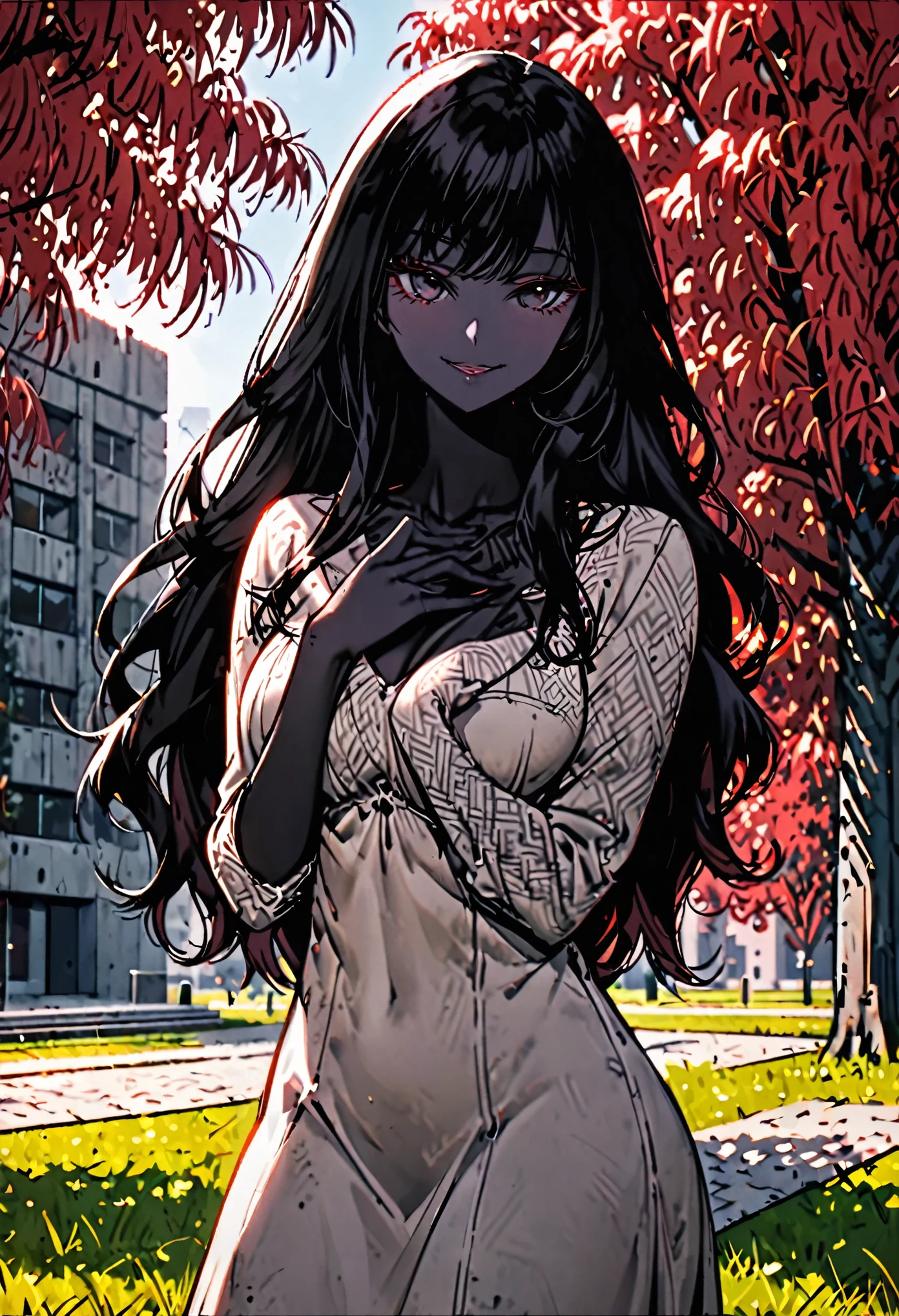solo, female, sfw, medium shot, tall woman, happy smile, pitch black skin, large breasts, park, brutalist architecture:0.5, day, red trees, wavy hair, black hair, long hair, casual dress, black eyes, steepled fingers, cleavage, red grass, hands over chest