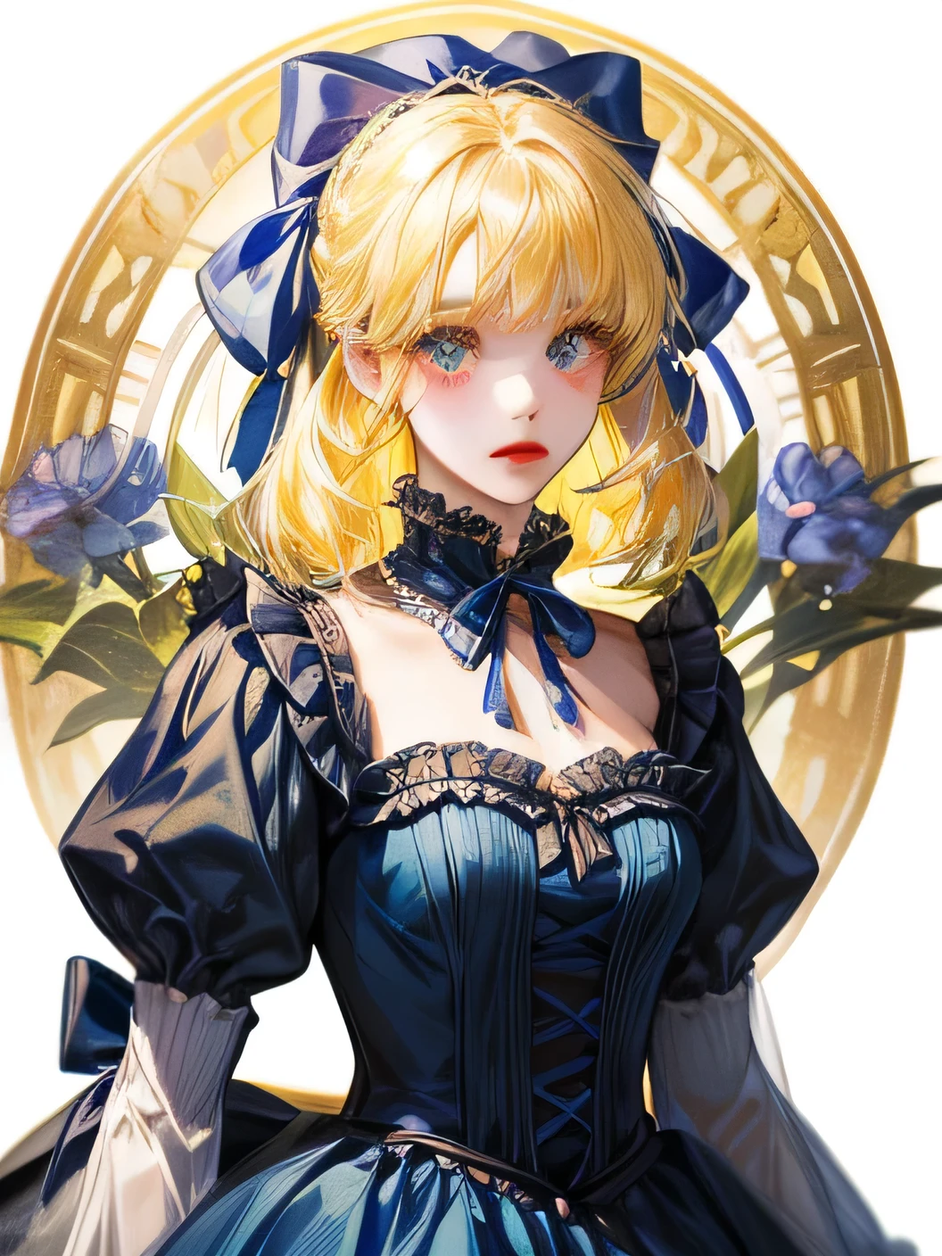 Lolita、Wearing a blue ribbon、Yellow Hair、The whole body enters、No background、Blue dress