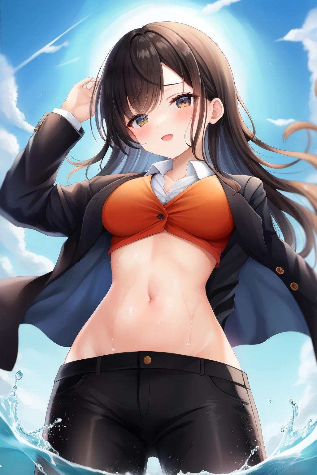 1girl,hair with bangs,black blazer, open balzer, low-rise pants, black pants, navel, orange background, wet skin