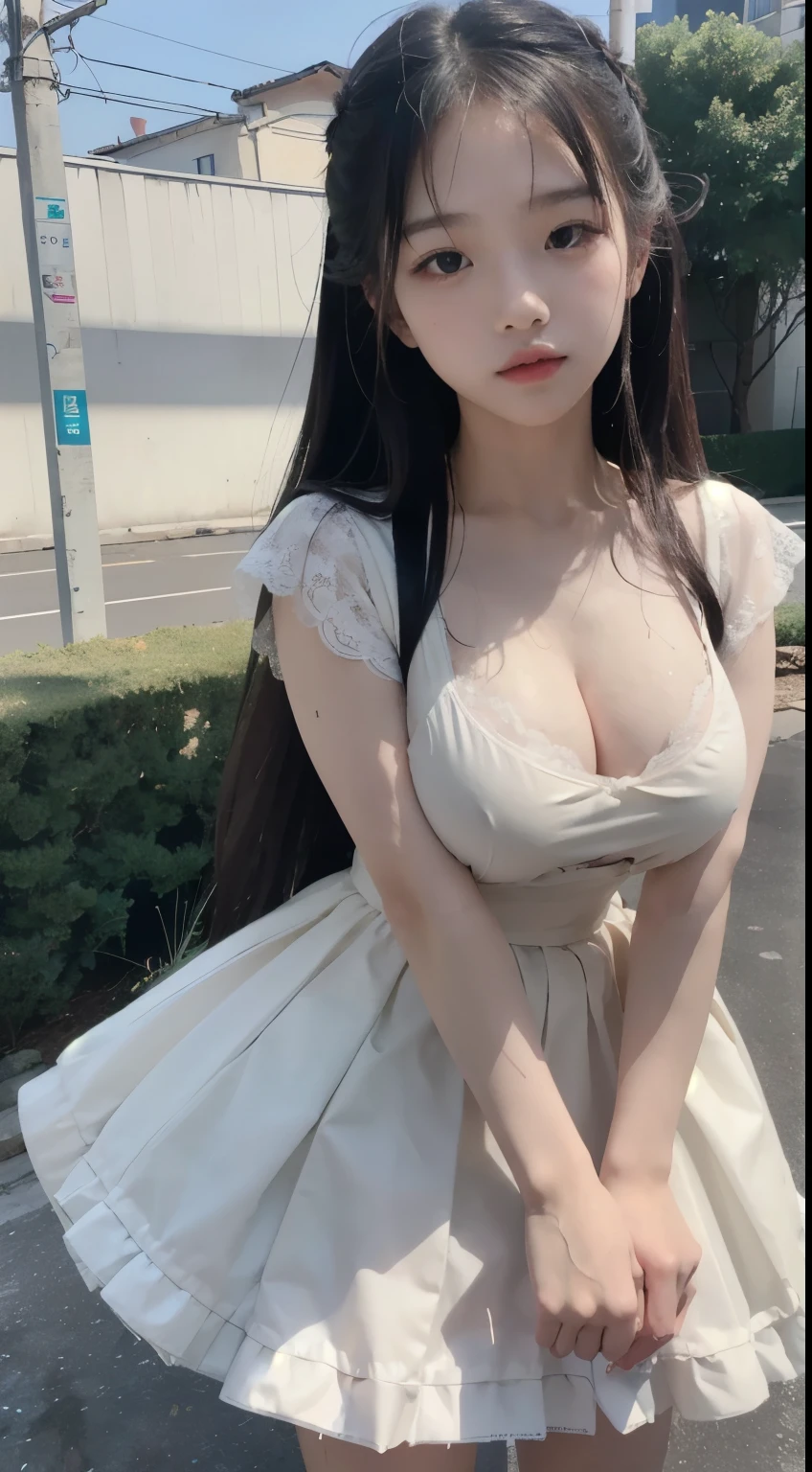 Master quality, highest quality, best picture quality, exaggerated details, a cute 8 year old asian  with a shy expression, slightly squinted eyes, adjusting her hair, long eyelashes (long hair / very, very exaggerated big breasts / in uniform) outdoors, posing in front of the camera, wet body lace petticoat,  explore chest more